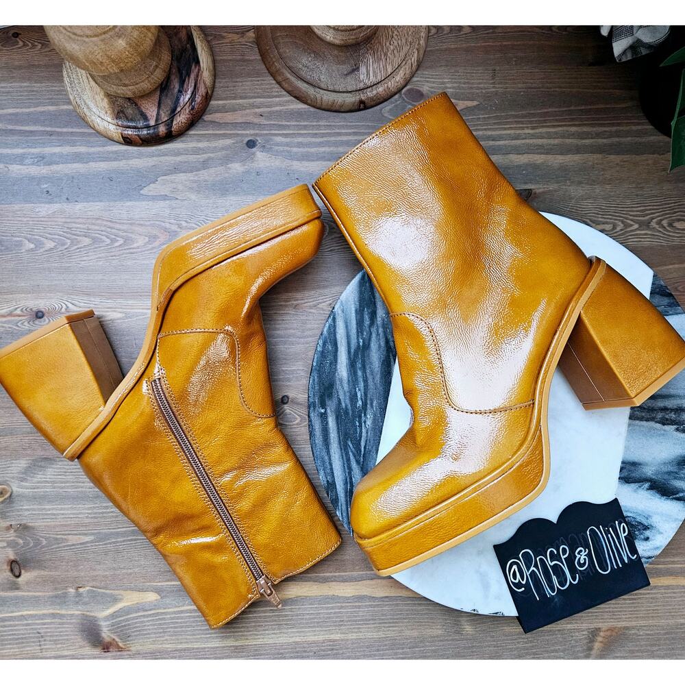 Free People Ruby Shine Cognac Block Heel Ankle Booties